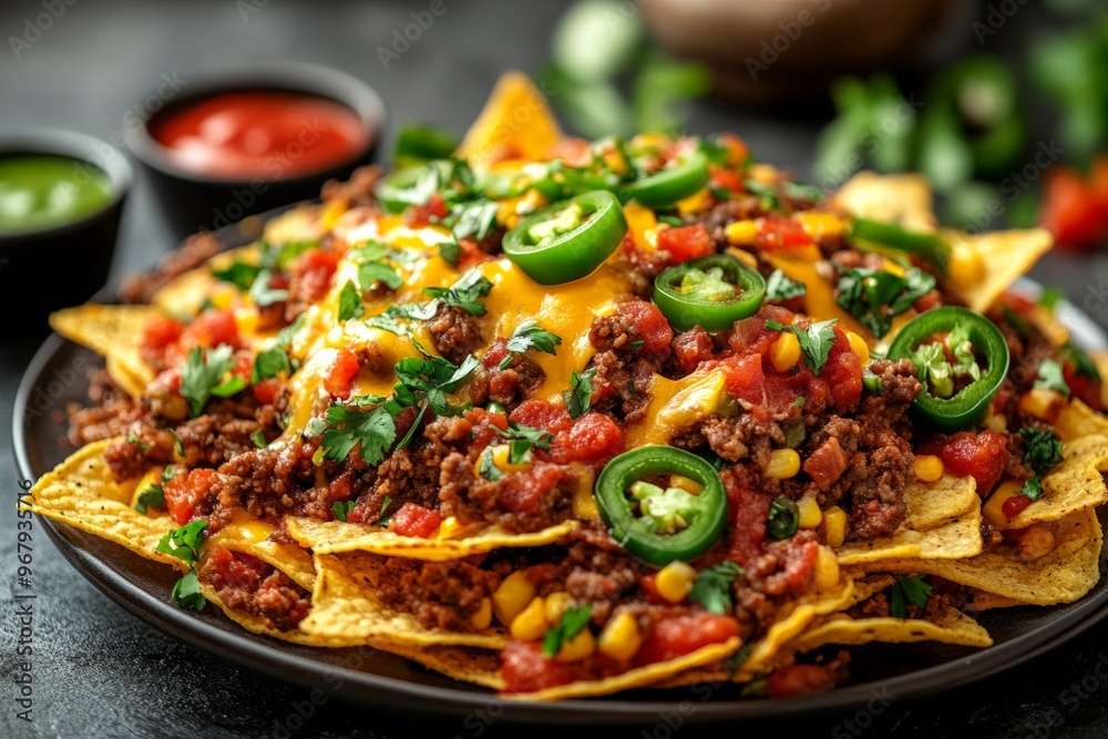 plate piled high with crispy corn nachos, savory minced meat, cheddar cheese, and jalapeno peppers plate piled high with crispy corn nachos, savory minced meat, cheddar cheese, and jalapeno peppers