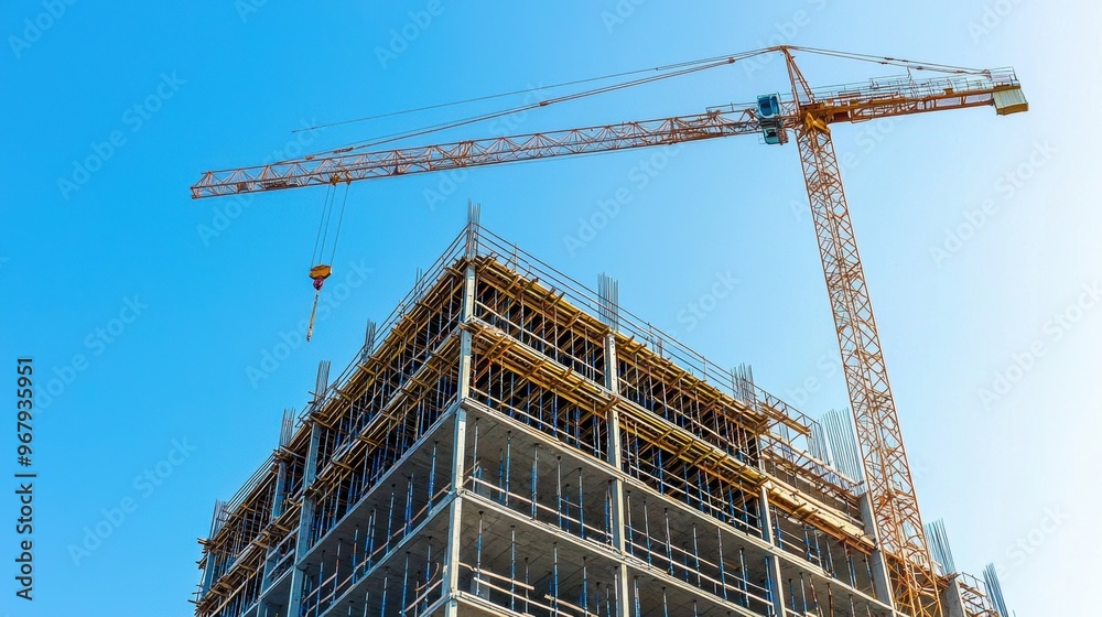 Tall Crane Lifting Steel Structure at a Commercial Building Construction Site Under Blue Sky Tall Crane Lifting Steel Structure at a Commercial Building Construction Site Under Blue Sky