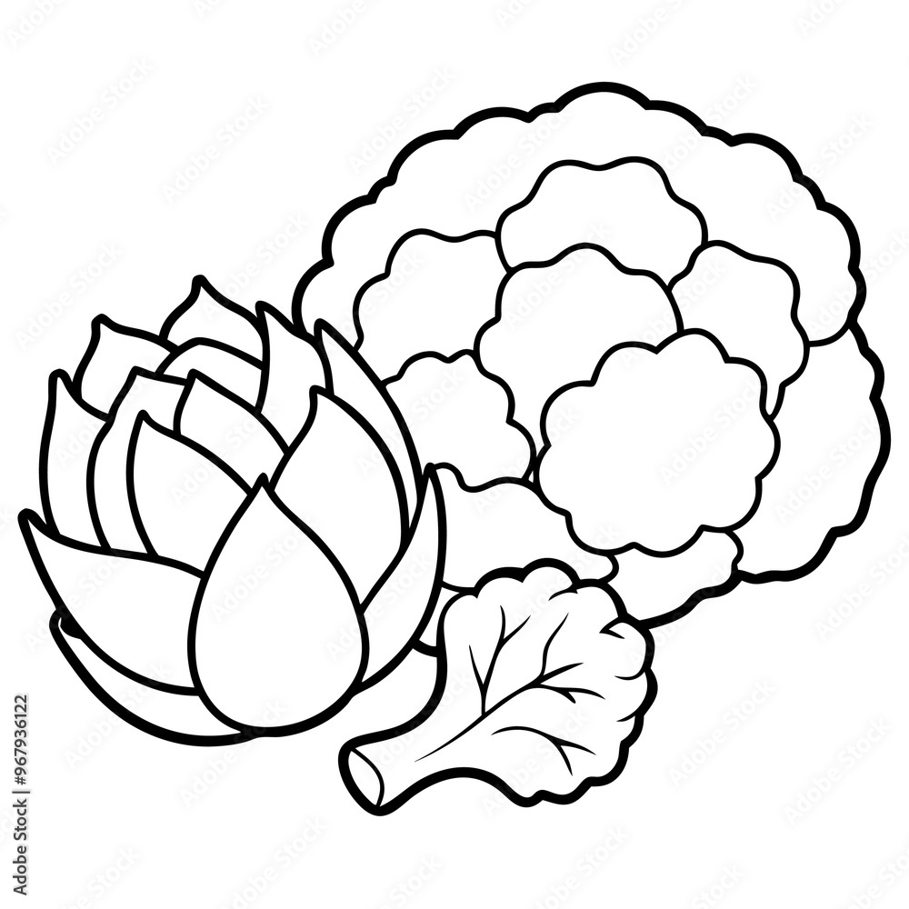 cauliflower brussels sprouts cabbage vegetables outline coloring book page line art illustration digital drawing