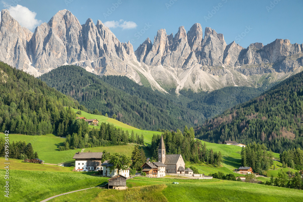 Dolomites, Italy. Famous picturesque landscape with Chiesa di Santa Maddalena