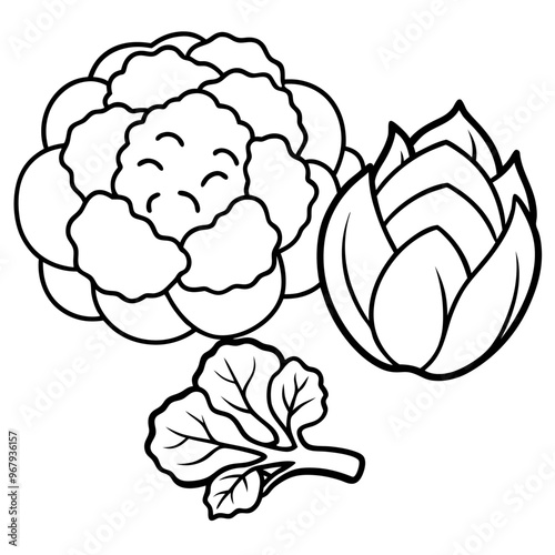 cauliflower brussels sprouts cabbage vegetables outline coloring book page line art illustration digital drawing