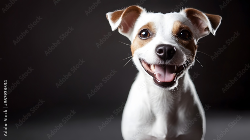 A white Jack Russell Terrier standing proudly with a big smile, illuminated by clean, even lighting in a studio setup A white Jack Russell Terrier standing proudly with a big smile, illuminated by clean, even lighting in a studio setup