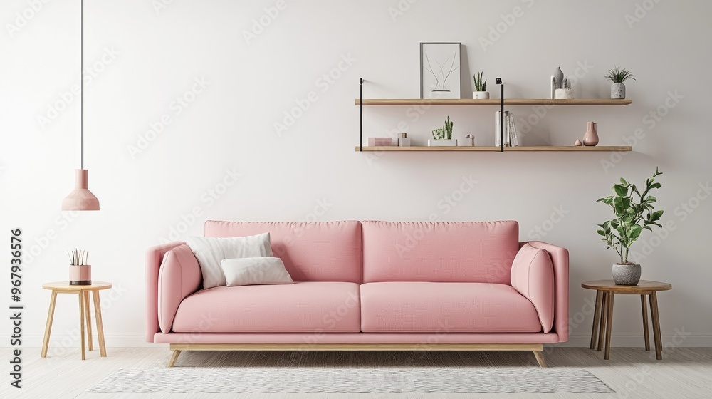 Pink Sofa with White Pillows and Natural Wood End Tables in a Minimalist Living Room Pink Sofa with White Pillows and Natural Wood End Tables in a Minimalist Living Room