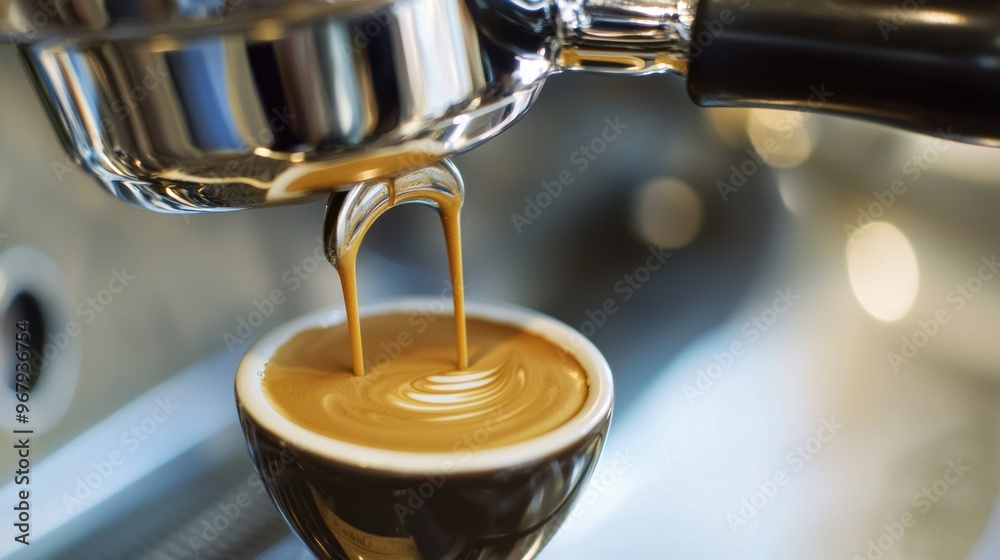 Freshly Brewed Espresso with Silky Foam Poured from a Barista s Espresso Machine in a Cafe Setting Freshly Brewed Espresso with Silky Foam Poured from a Barista s Espresso Machine in a Cafe Setting