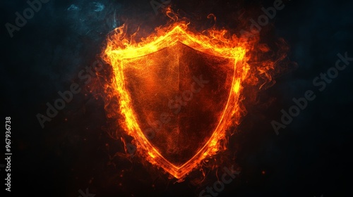 Shield engulfed in flames, glowing element. Security and protection concept