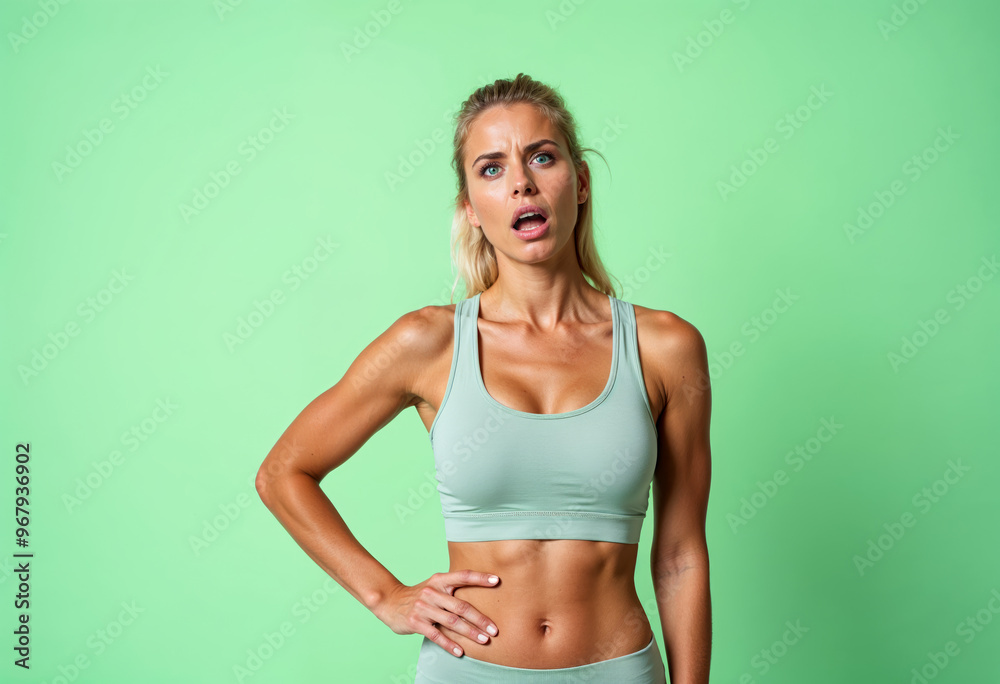 Shocked Athletic Woman In Sportswear Posing On Green Background Shocked Athletic Woman In Sportswear Posing On Green Background