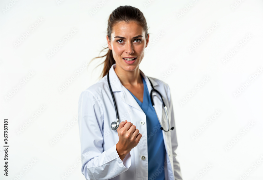 Confident Female Doctor Clenching Fist Healthcare Success Confident Female Doctor Clenching Fist Healthcare Success