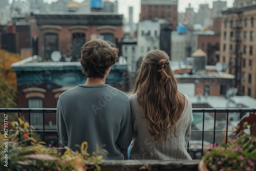 young couple looking at city from balcony. view from back. city of europe, old architecture. beautiful view. young guys travel. europe, america