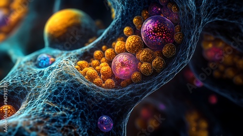 Intricate Detail of Healthy Human Adrenal Cell with Vibrant Stress Hormone Granules on Dark Background photo