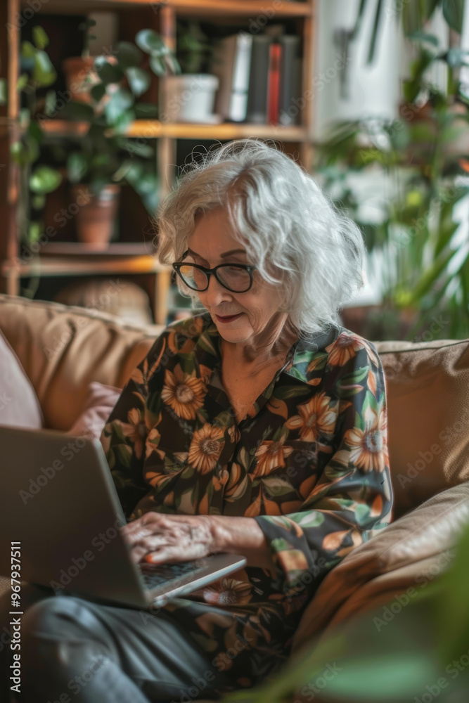 Senior Woman Using Laptop for Social Media, Engaged in Her Favorite Hobby at Home