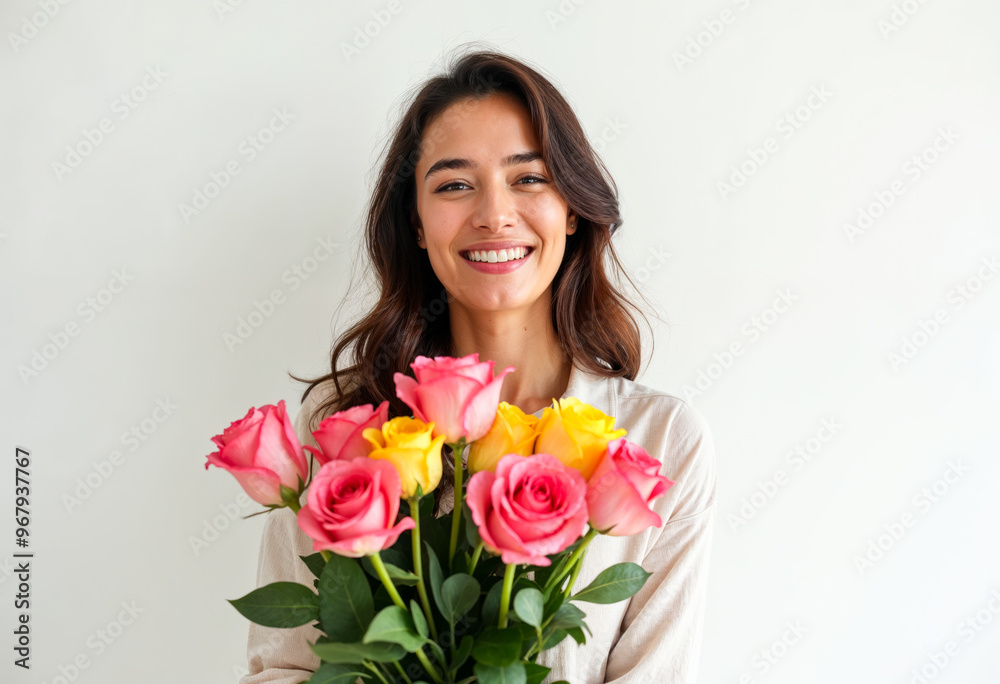 Beautiful Woman Holding Bouquet Pink Yellow Roses Flowers Smiling Happy Valentines Day Birthday Gift Anniversary Present Romance Love Floral White Background Beautiful Woman Holding Bouquet Pink Yellow Roses Flowers Smiling Happy Valentines Day Birthday Gift Anniversary Present Romance Love Floral White Background