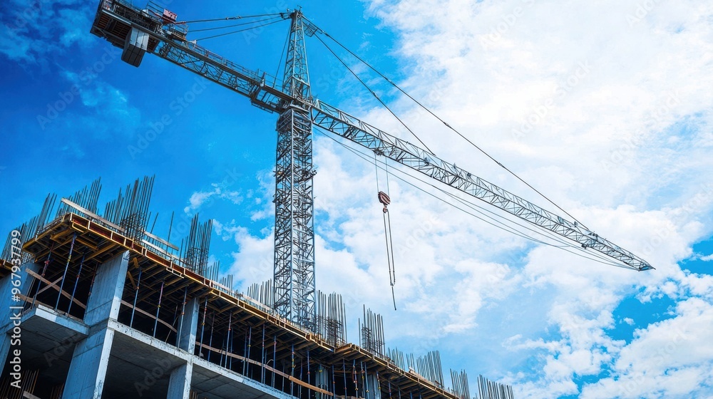 Towering Crane Hoisting Construction on Urban Skyline with Blue Sky Towering Crane Hoisting Construction on Urban Skyline with Blue Sky