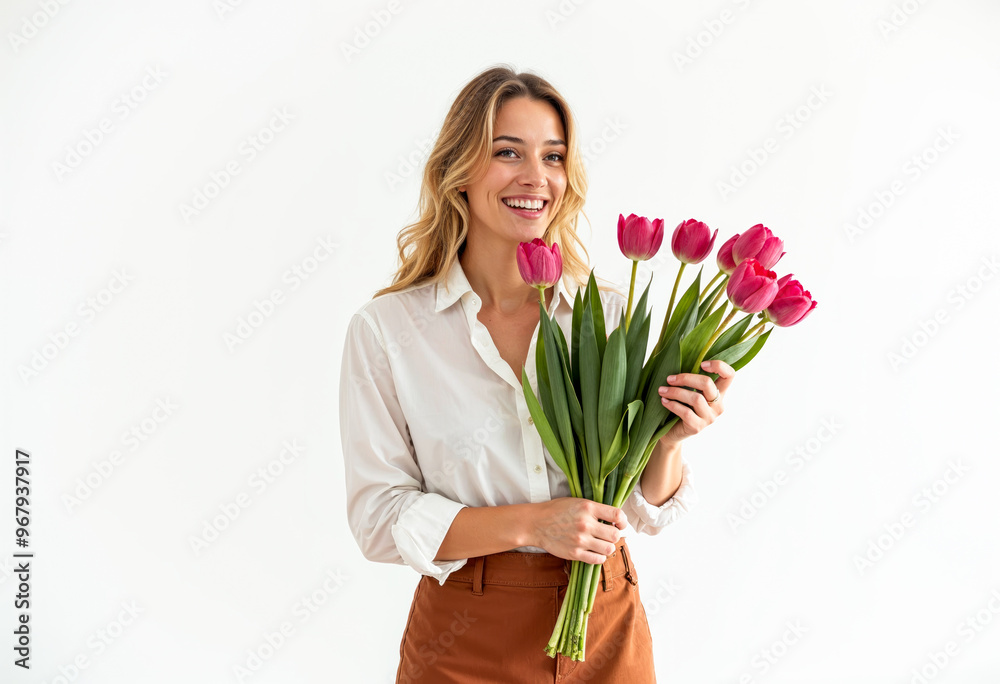 Beautiful smiling woman holding bouquet of pink tulips flowers isolated on white background International Womens Day Birthday Valentines Day holiday concept Beautiful smiling woman holding bouquet of pink tulips flowers isolated on white background International Womens Day Birthday Valentines Day holiday concept