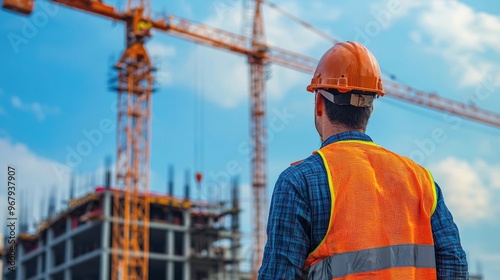 Construction Worker on Building Site with Towering Crane Against Blue Sky