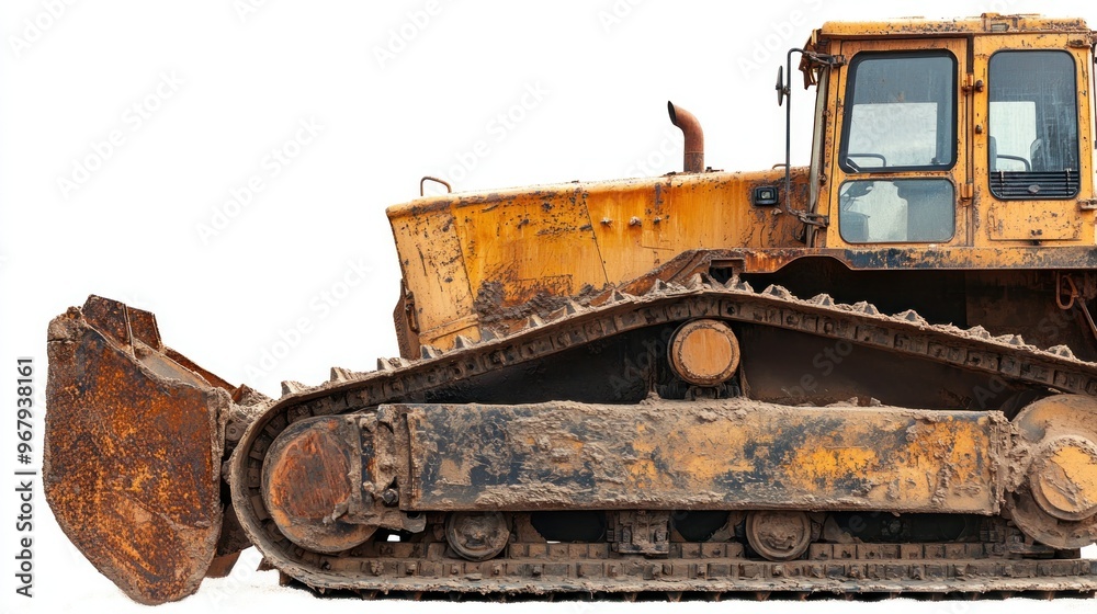 Worn Yellow Bulldozer with Rusty Blade on White Background Worn Yellow Bulldozer with Rusty Blade on White Background