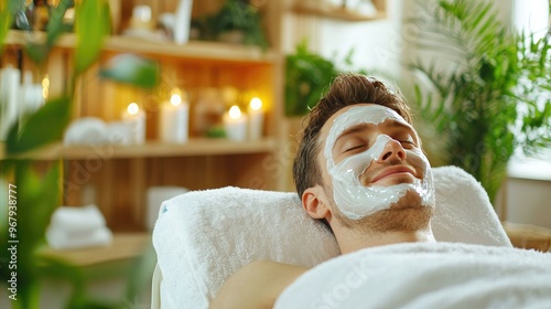 A cinematic view of a man indulging in a luxurious facial treatment at a high-end spa, showcasing relaxation and self-care in a serene, upscale environment.