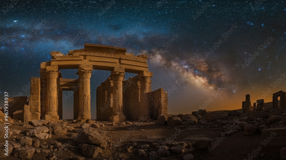 Fototapeta premium Ancient ruins under a starry night sky, showcasing the Milky Way.