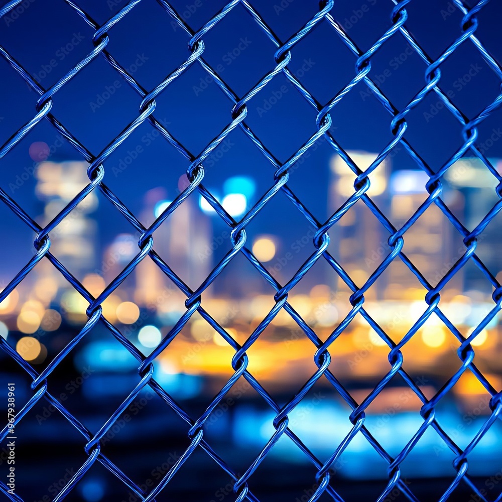 Fototapeta premium Steel mesh fencing in an urban setting, blurred cityscape in the background, close-up details, security concept, tension, industrial infrastructure