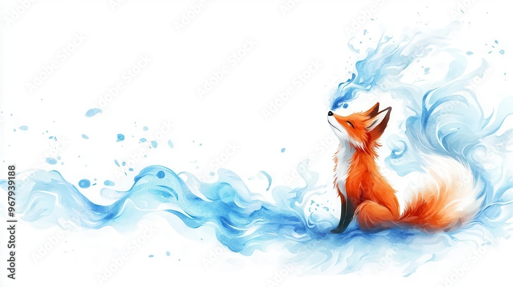 Obraz premium Fox in wizard robes, conjuring a magical storm, swirling winds, Watercolor style