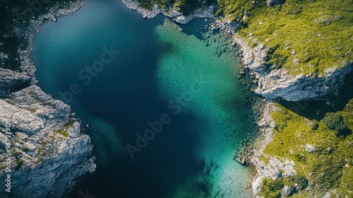 Aerial view of a serene, turquoise lake surrounded by rocky cliffs and lush greenery.