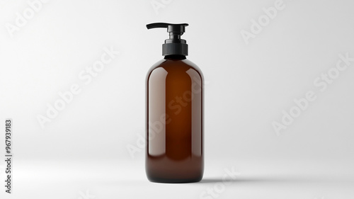 Brown plastic cosmetics bottle with pump on white background