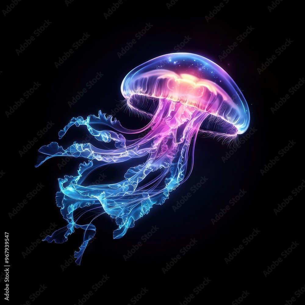 Colorful jellyfish gracefully floating in dark waters. Colorful jellyfish gracefully floating in dark waters.