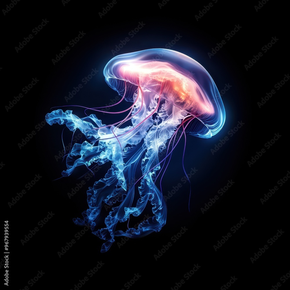 A glowing jellyfish elegantly floating in dark waters. A glowing jellyfish elegantly floating in dark waters.