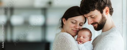 A loving couple cherishing their newborn baby in a cozy modern home, embodying the joy of parenthood and family connection. photo