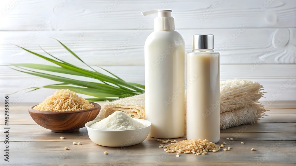 A minimalistic mockup of a rice-based skincare product bottle placed on a neutral background. The bottle, featuring a clean design, is surrounded by rice grains and rice stalks. A minimalistic mockup of a rice-based skincare product bottle placed on a neutral background. The bottle, featuring a clean design, is surrounded by rice grains and rice stalks.