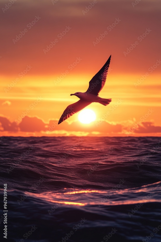 Fototapeta premium Bird flying over ocean at sunset