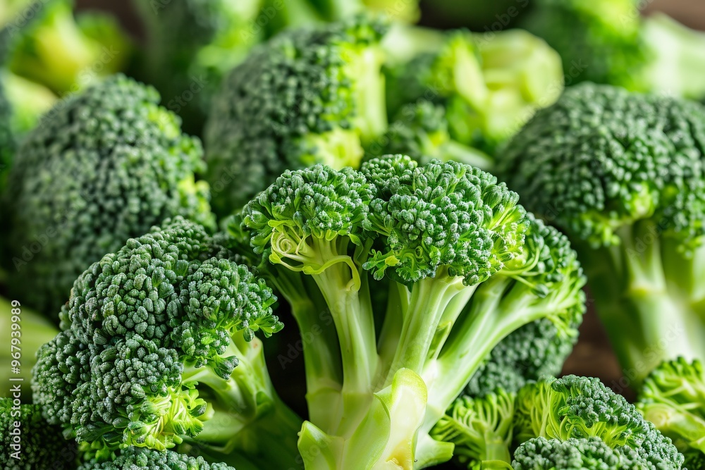 Closeup of Fresh and Vibrant Green Broccoli Florets Against a Blurred Background Closeup of Fresh and Vibrant Green Broccoli Florets Against a Blurred Background