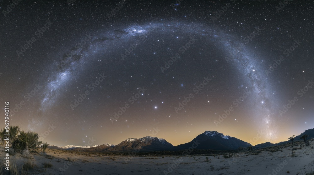 A stunning night sky panorama showcasing the Milky Way over a mountainous landscape. A stunning night sky panorama showcasing the Milky Way over a mountainous landscape.