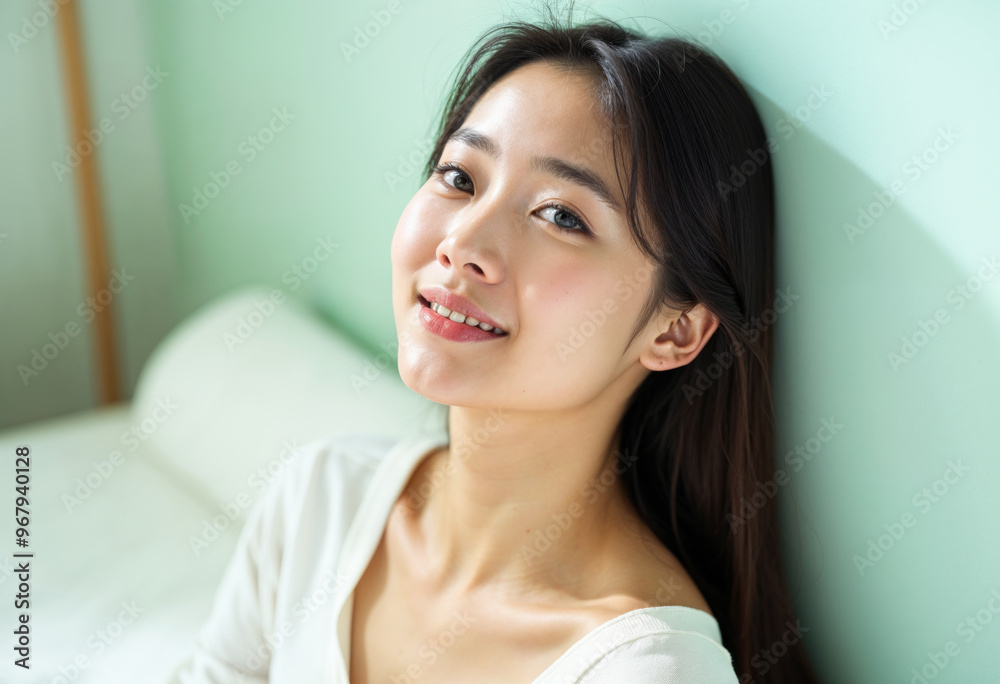 Beautiful Asian Woman Smiling Portrait Wellness Skincare and Beauty Concept with Natural Makeup and Green Background Beautiful Asian Woman Smiling Portrait Wellness Skincare and Beauty Concept with Natural Makeup and Green Background