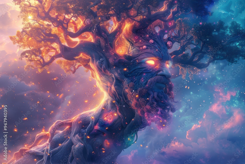 Obraz premium Magical enchanted tree of life with glowing roots in a mystical twilight setting