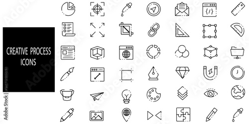 Creative process simple concept 42 icons set. Contains such pencil,scale,shapner,eyes,map,drop,message,notice etc .Vector illustration.