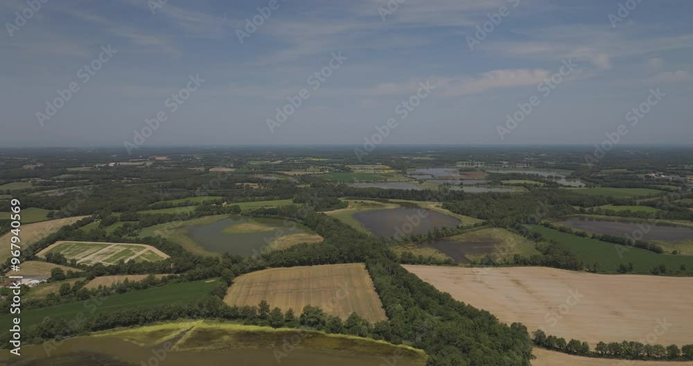 Aerial view of beautiful green fields and farmland under a sunny sky, Parc des Oiseaux, Marlieux, Ain, France.