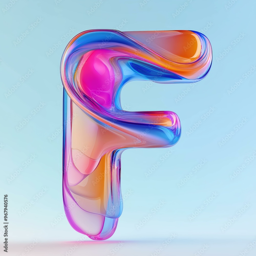 3D letter F with fluid glass effect, vibrant gradient colors of blue, pink, and orange, glossy and smooth texture, abstract modern design, soft lighting, minimalistic background. 3D letter F with fluid glass effect, vibrant gradient colors of blue, pink, and orange, glossy and smooth texture, abstract modern design, soft lighting, minimalistic background.