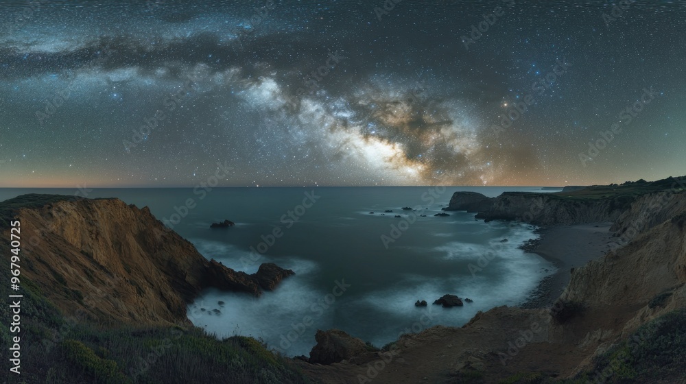 Obraz premium A stunning panoramic view of the Milky Way over a coastal landscape at night.