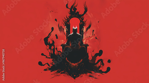 Hades in his underworld throne, with cerberus at his feet and souls swirling around. minimalist. Cerberus. Illustration