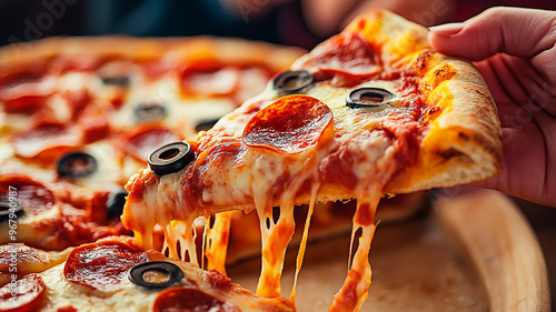 Closeup on hand lifting cheesy slice of pepperoni pizza with olive topping. photo