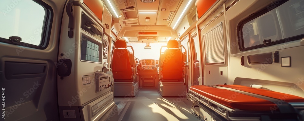 Modern ambulance inside vehicle safety interior, ambulance panorama banner. Generative AI