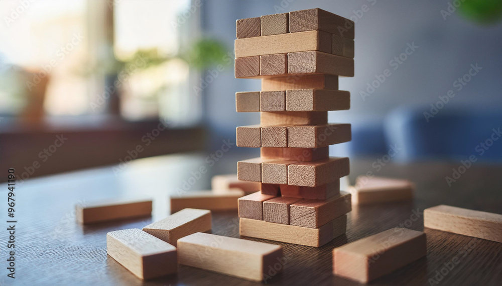 jenga tower on office table, copy space. Concept of risk taking and strategy move in business, logic and decision making, stability skill and solution for economy finance, leadership jenga tower on office table, copy space. Concept of risk taking and strategy move in business, logic and decision making, stability skill and solution for economy finance, leadership