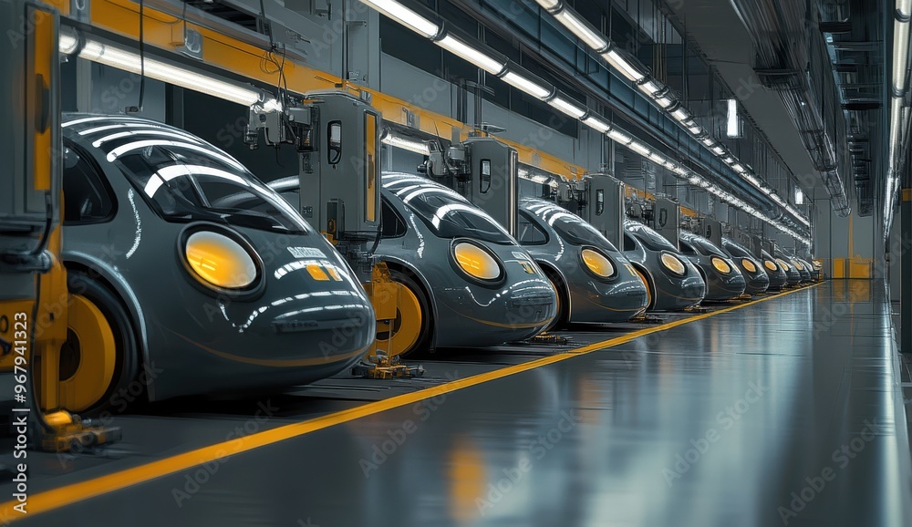 Fototapeta premium Futuristic Car Production Line with Yellow Lines and Fluorescent Lighting