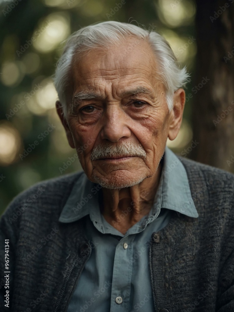 Serene portrait of an elderly man, his calm expression framed by a natural background. Serene portrait of an elderly man, his calm expression framed by a natural background.