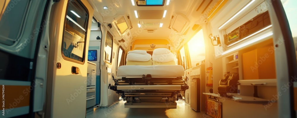 Obraz premium Modern ambulance inside vehicle safety interior, ambulance panorama banner. Generative AI