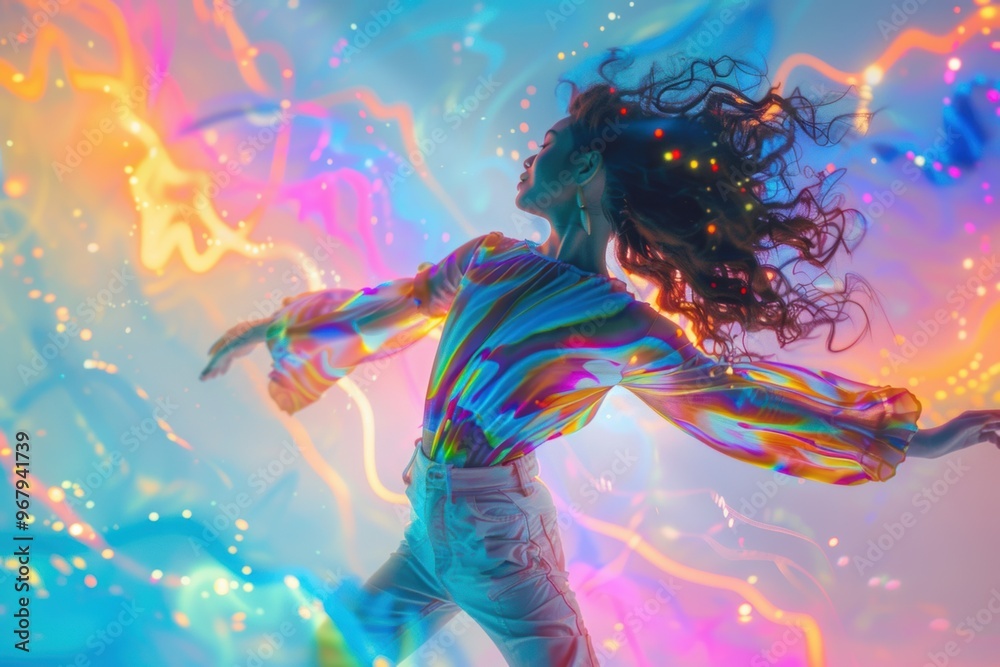Dancers swirling in cosmic rhythms under vibrant lights at an energetic studio session Dancers swirling in cosmic rhythms under vibrant lights at an energetic studio session