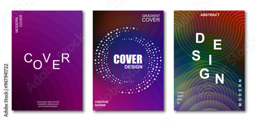 Modern gradient cover background design set. Brochure cover cards. Vibrant 3d geometric shapes compositions. Banner, cover, card, wallpaper, decoration, poster, brochure, leaflet. Template A4 size