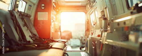Modern ambulance inside vehicle safety interior, ambulance panorama banner. Generative AI