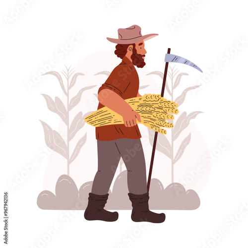 A farmer is walking with a sheaf of wheat, and a scythe.