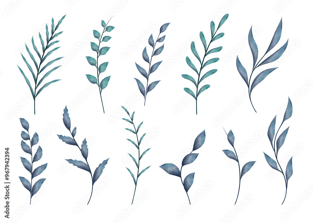 Naklejka premium Watercolor branches with leaves, isolated vector elements on white background.